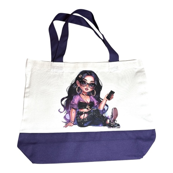Large Canvas Tote Bag with Stylish Girl Art | Hand Pressed | 17”x14” - Picture 1 of 4